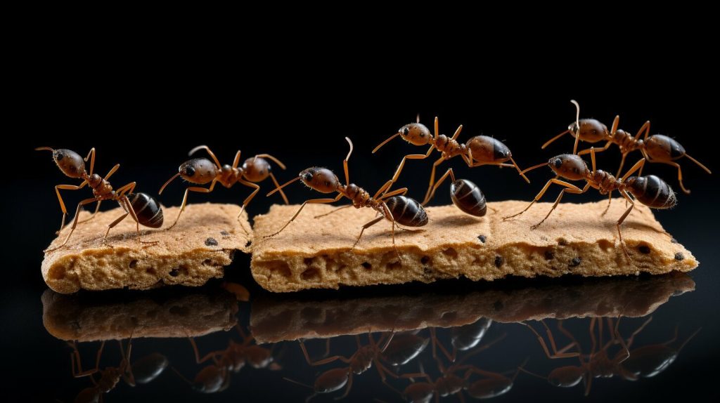 Ants carrying food in a line