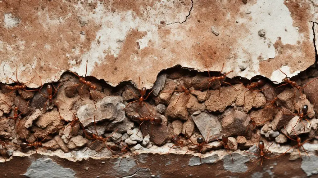 Ants crawling into a house through a crack in the wall