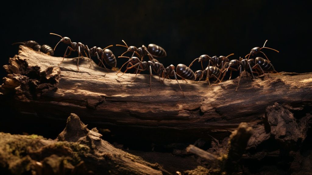 Ants crawling on a log