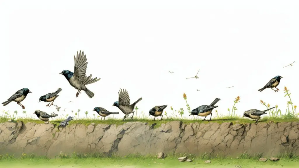 Birds eating ants