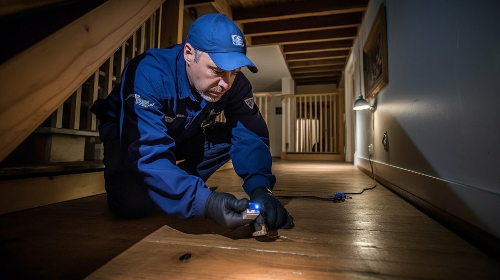 Professional pest control technician inspecting a home