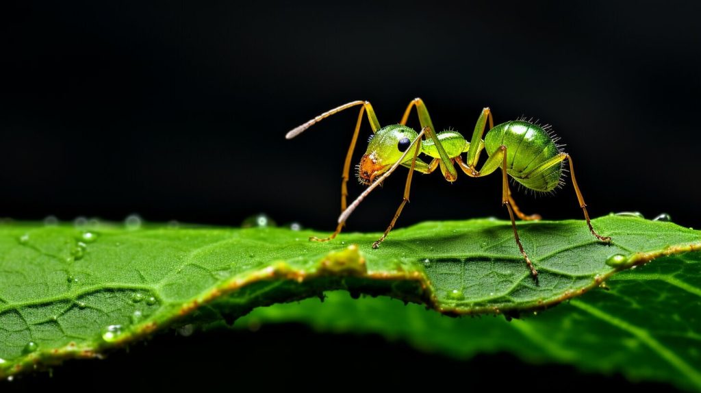 ant carrying green leaf
