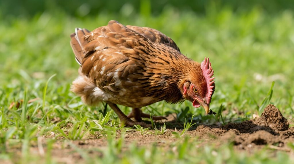 chicken eating an ant